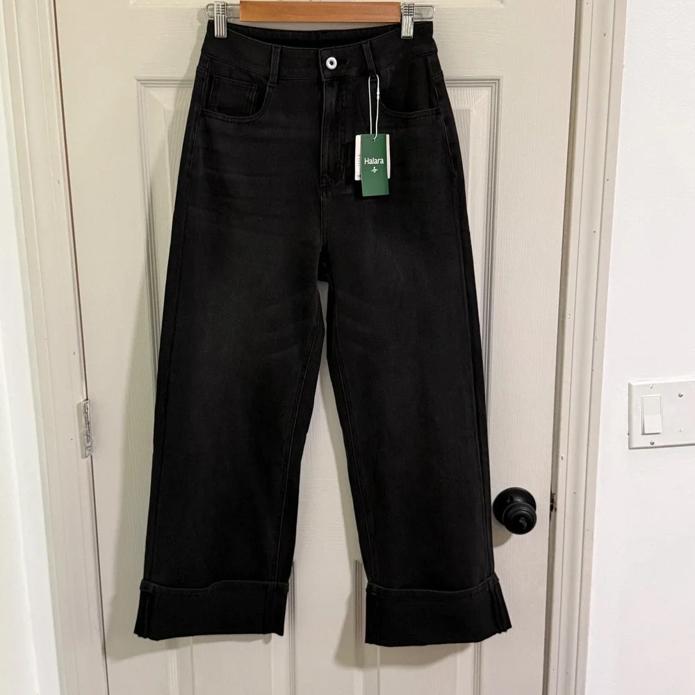Halara‎ Wide Leg Jeans Women Small Black Hi Waisted Cuffed Rolled Hem Minimalist